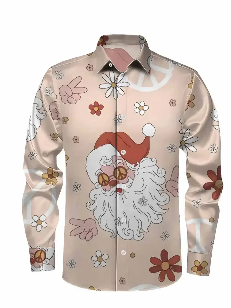 

New Men's Long Sleeved Shirt Cartoon Pattern 3D Christmas Snowman Print Shirt Fashionable Beach Long Sleeved Shirt Collar Top