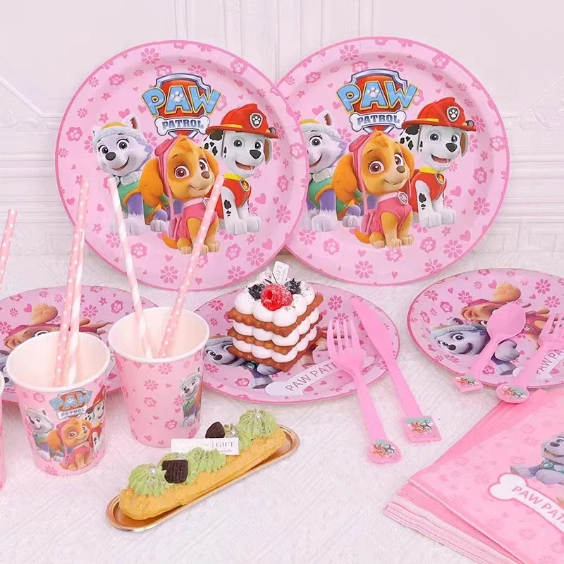 Paw Patrol Birthday Party Decoration Pink Sky Patrol Theme Tableware Set Chase Dog Balloon Party Supplies For Baby Shower Girls