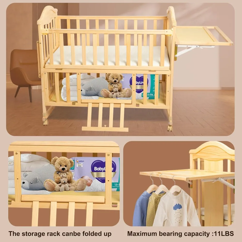 Mini Baby Cribs 4-in-1 Convertible - Cunas para Bebes with Changing Shelf and Mattress Included,2024 Wood Baby Bassinets Bedside