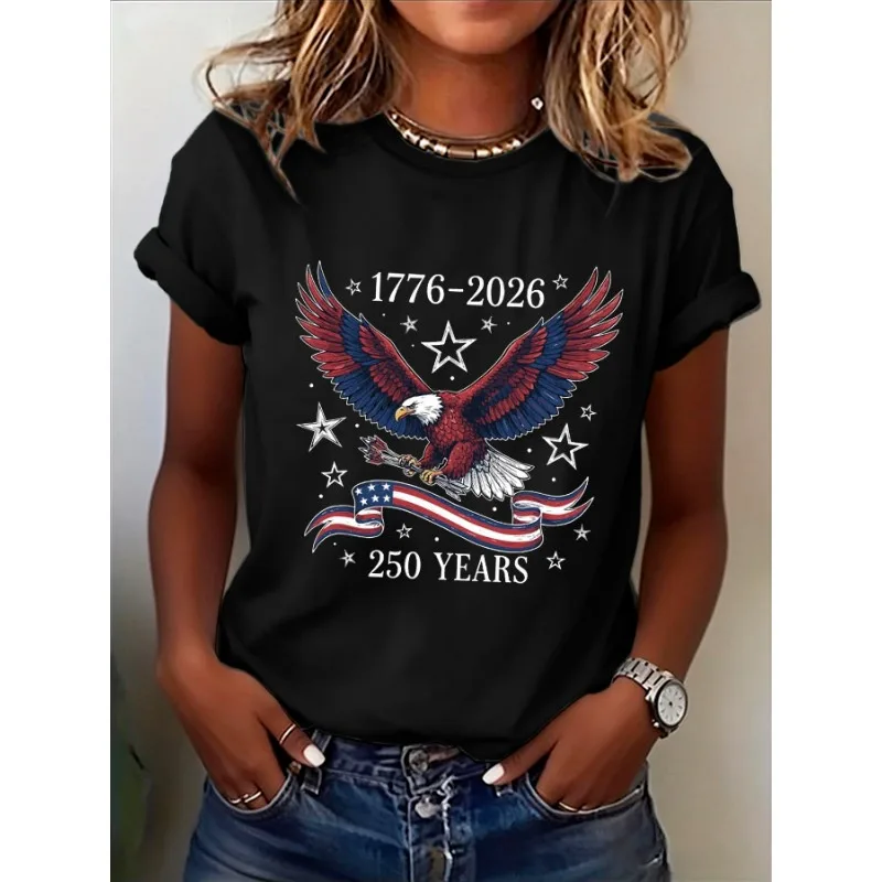 250 Years of Freedom 1776 Festival Women's Eagle Print T-Shirts Summer O Neck Tops Short Sleeve Casual Tees  Us Flag
