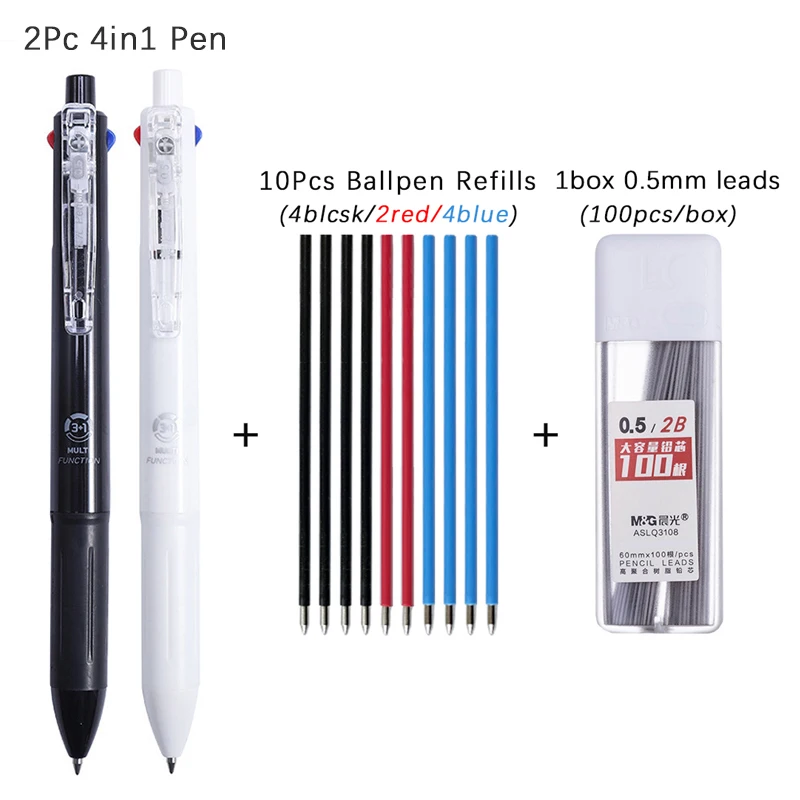 4 In 1 Multi Colored Ballpoint Pen M&G 3 Colors Ballpoint Refills 1 Pencil Lead Multifunctional Pen Marking Writing Supplies