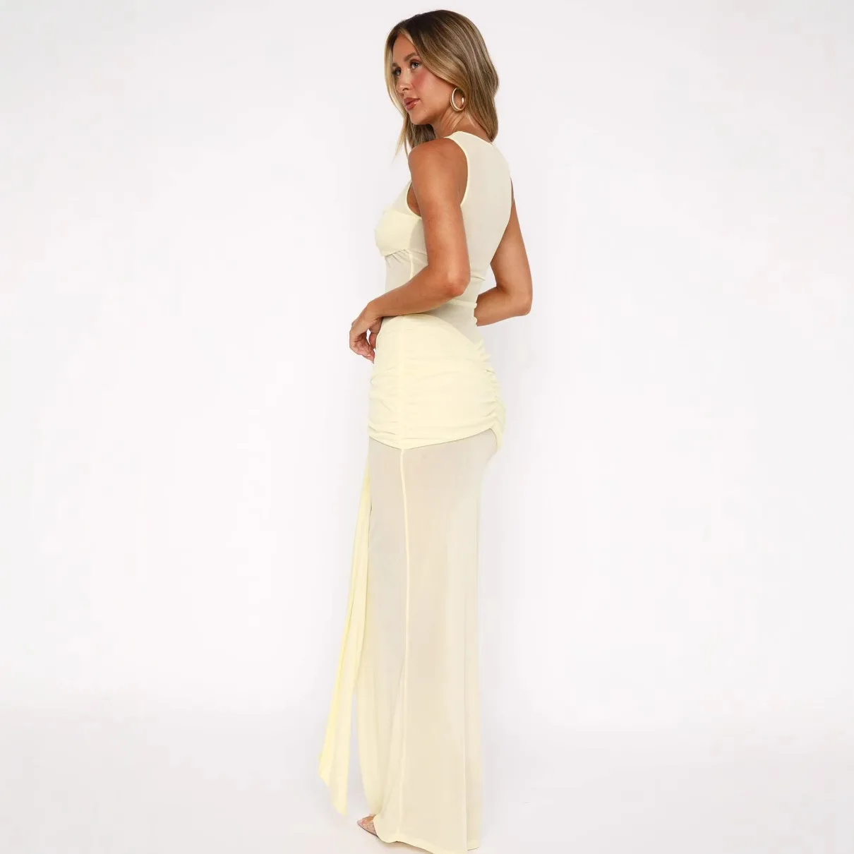 

Spring New L25D078 Cross-Border Sexy Pure Color Me See-Tough Bodycon Dr Evening Gown Wrap around Silhouette