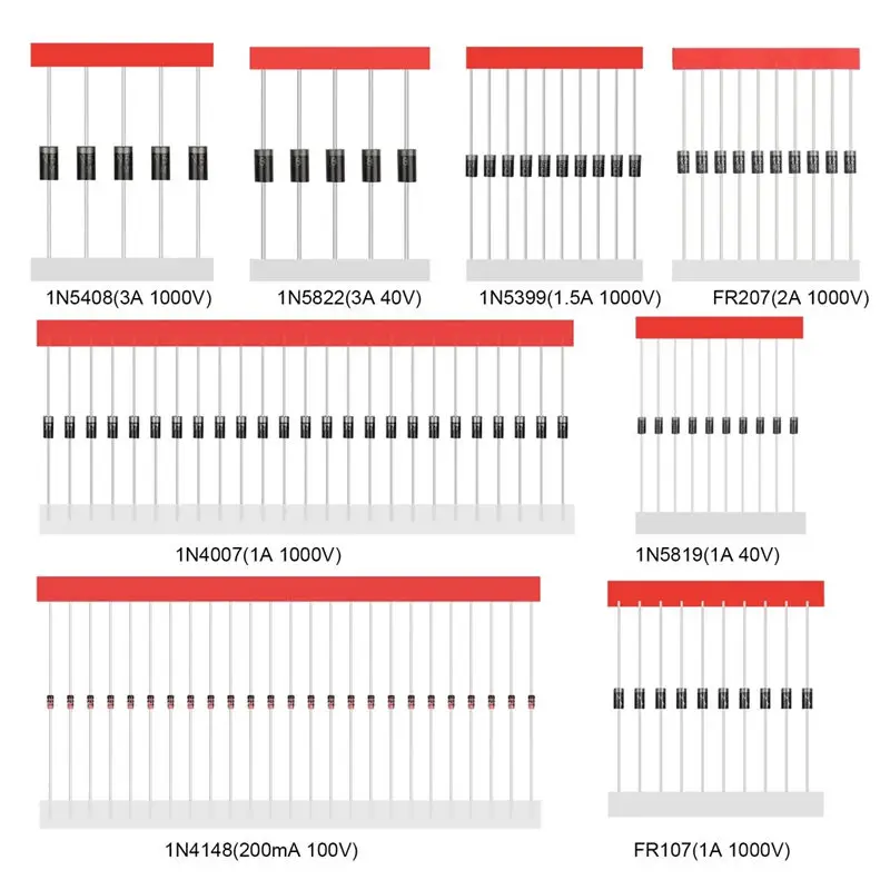 100PCS,Switching Schottky Diode Assorted Kit 1N4148 1N4001 1N4004 1N4007 1N5408 UF4007 FR207 1N5817 1N5819 1N5822 RL207