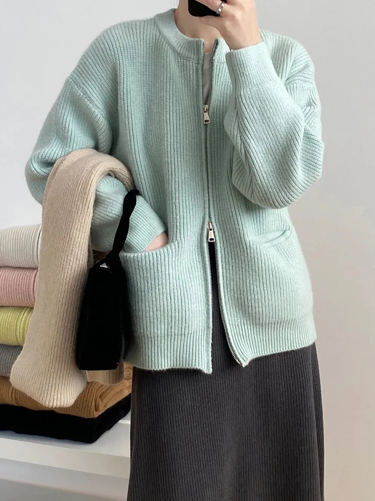 Solid Color Simple O-neck Double Zipper Cardigan Women Autumn Winter Long Sleeve Pockets Warm Knitted Coats Casual Loose Sweater