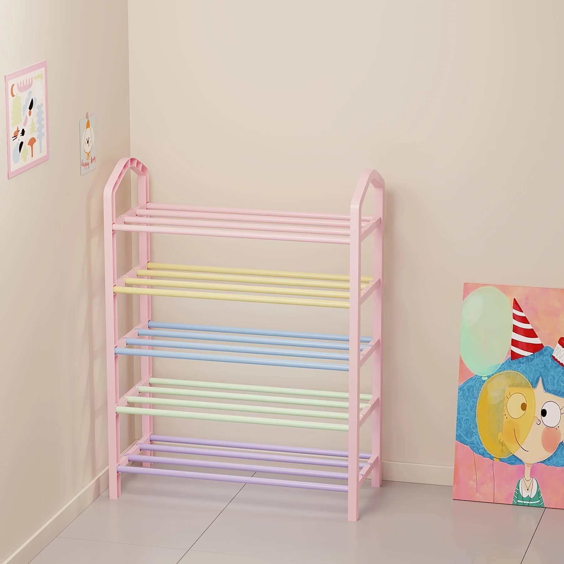 Pastel Color Multi Tier Shoe Rack Cute Entryway Shoes Organizer Light Plastic Shoes Storage Shelf for Bedroom Doorway Room Decor