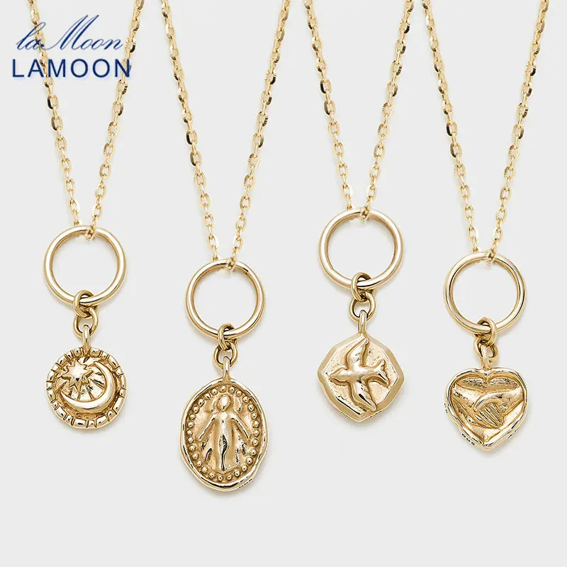 LAMOON Vintage Star Moon Peace Dove Badge Mini Pendant Necklace 925 Sterling Silver Chain Light Gold Color Fine Jewelry Gift