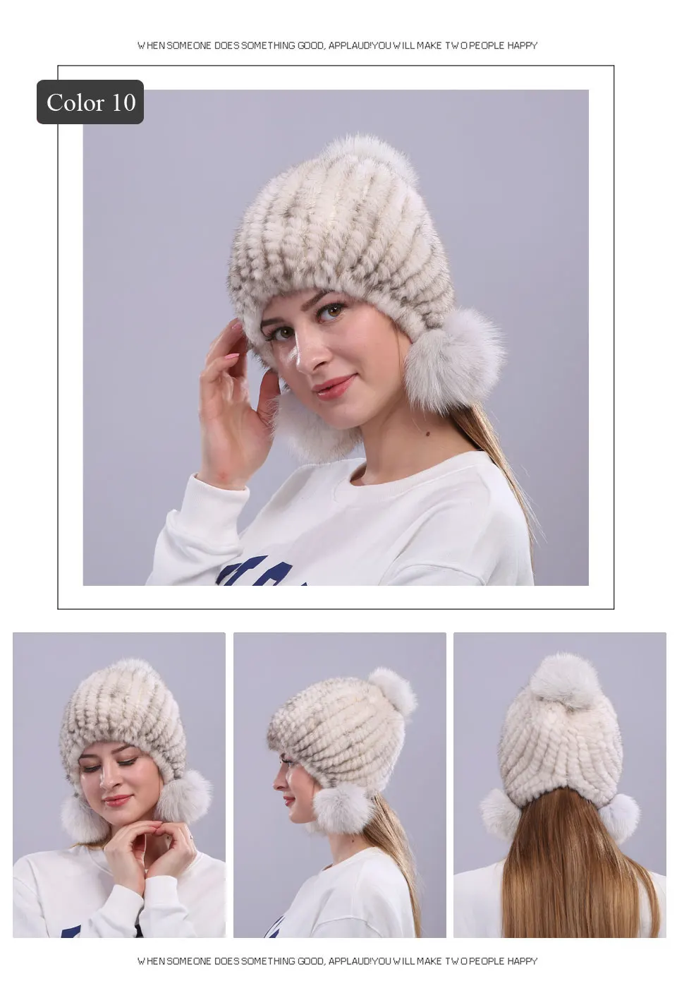 Echte Nerz Pelzmütze mit Fuchspelz Ball Ohrenschützer Schutzkappe Wintermütze für Frauen Russische Trapper Herbstmütze Beanie Herbstmütze – Detail 13
