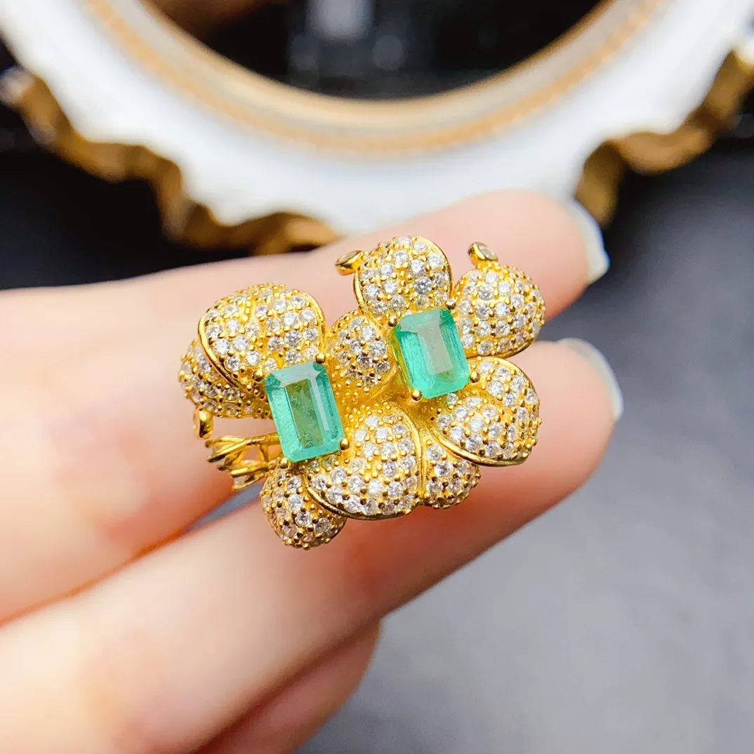 S925 Silver Natural Emerald Ring, 4*6mm Double Flower Adjustable Women Gemstone Statement Ring