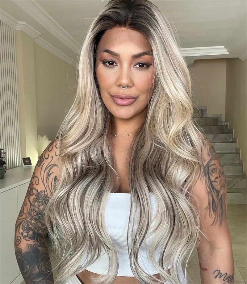 

Natural Preplucked Hairline 13X4 Ombre Ash Blonde Synthetic Fiber Lace Front Wig with Dark Roots Heat Resistant High Quality Wig