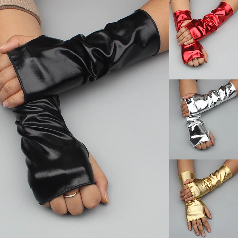 Women Men Punk style Fingerless Gloves short Shiny Patent Leather Party show Dancing Gloves Gold Silver Rock Driving Mittens