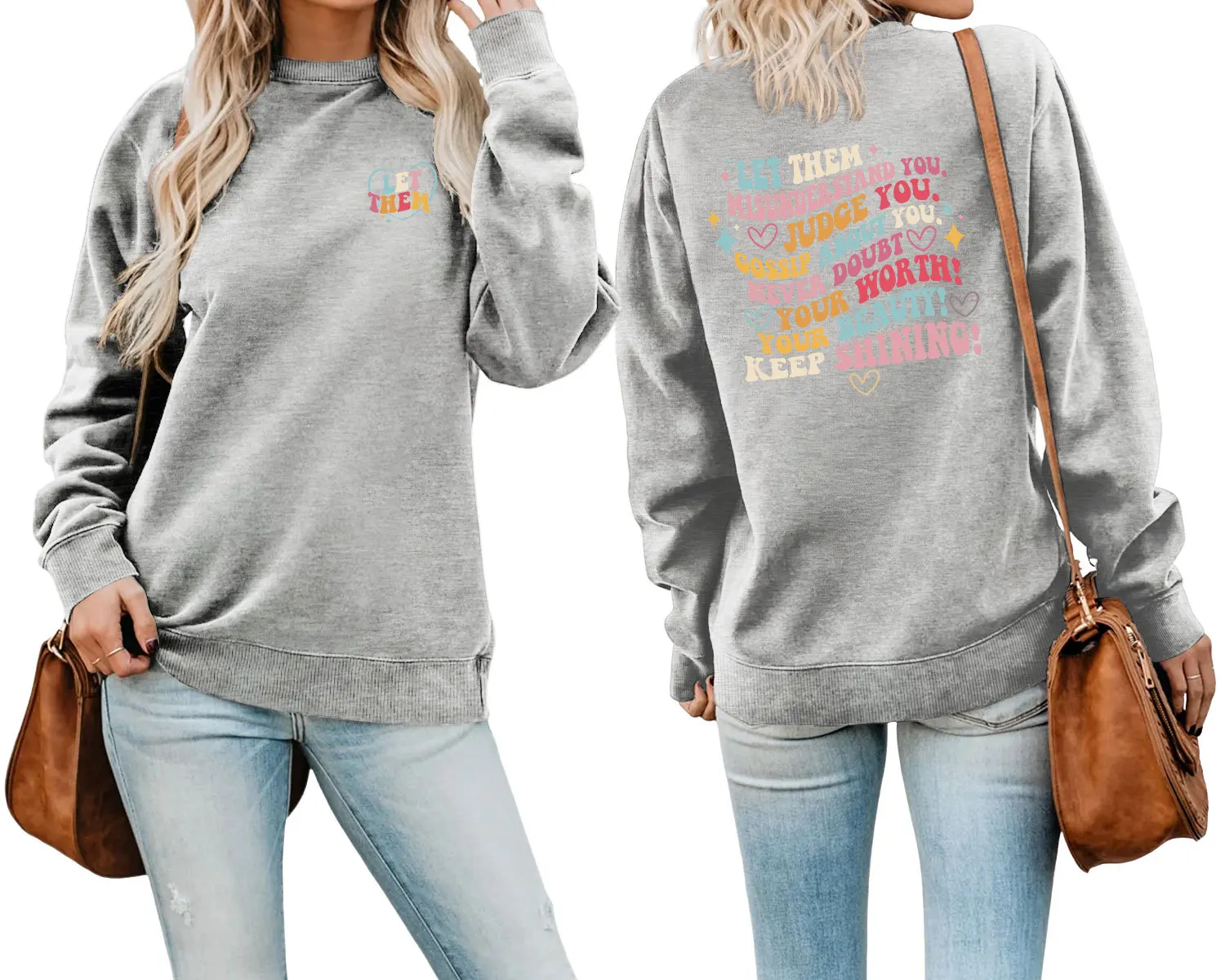 Autumn and winter new long-sleeved hoodie let them misunderstand you before and after print loose casual crewneck top fashion pu