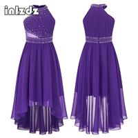 High-Low Chiffon Skirt Girls Ballet Lyrical Dance Dress Sleeveless Rhinestone Flower Girl Dress Bridesmaid Party Wedding Costume