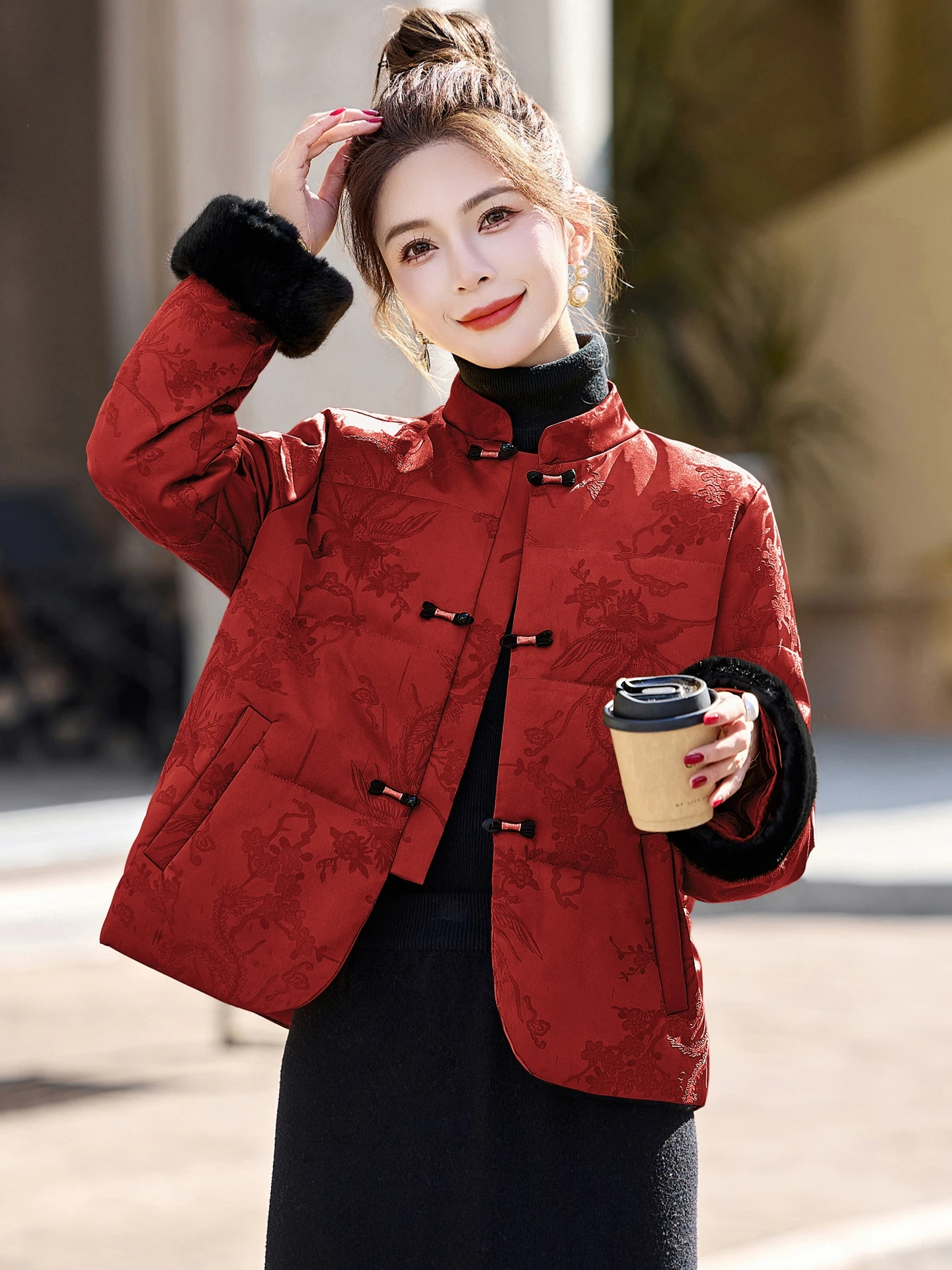 Novo Sle Chinês Tamanho Pequeno para baixo Jaet Or Feminino Inverno High End Personali National Sle Gola Botão Branco D...