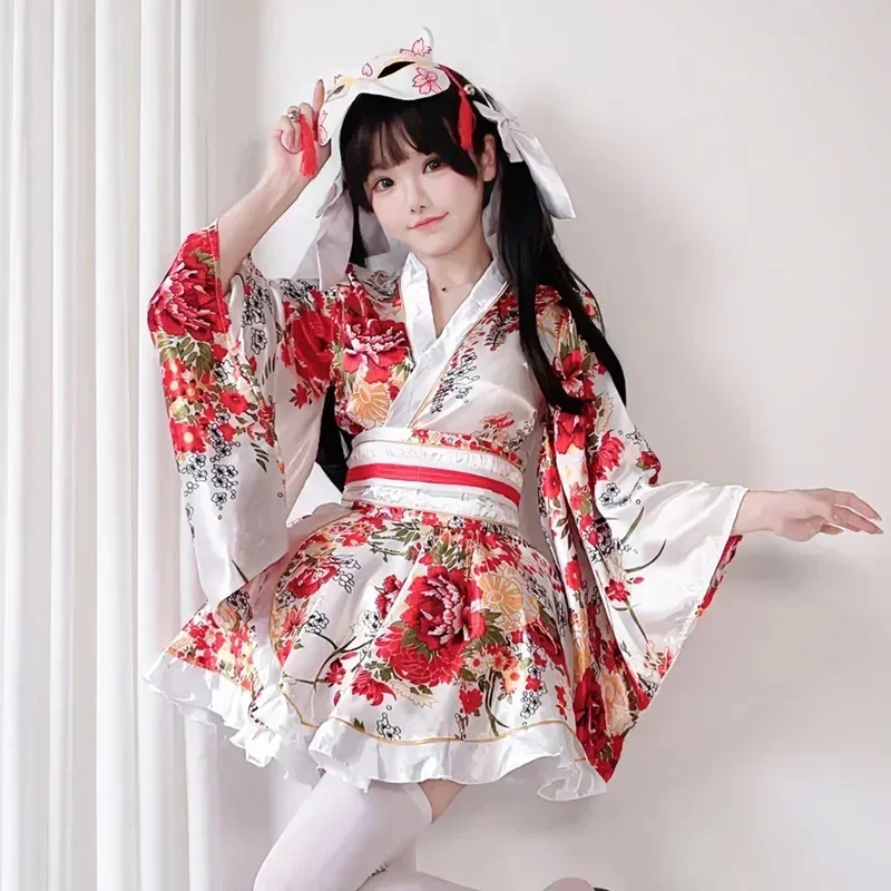 Women Japanese Kimono Yukata Robes Kawaii Girls Floral Printed Haori Suit Lovely Lolita Dress For Women Anime Halloween Costume
