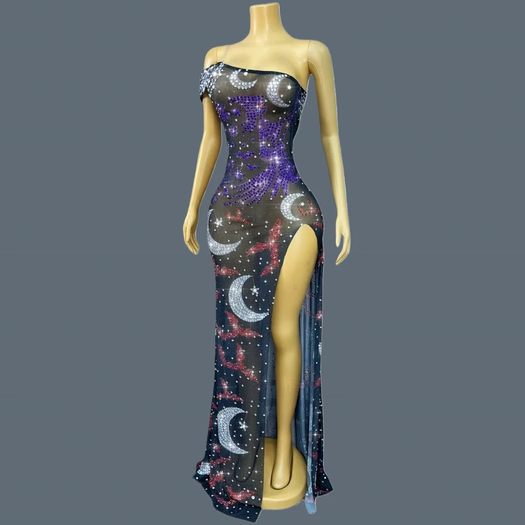 High-end Black See Through Mesh Evening Gown Sexy Women Party High Side Slits Sparkly Moon Rhinestone Elegant Long Dress Nvwu