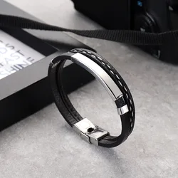1 Men's Wish Stainless Steel Leather Bracelet With Curved Pu Leather Woven Bracelet For Travel Wear And Accessories-805091