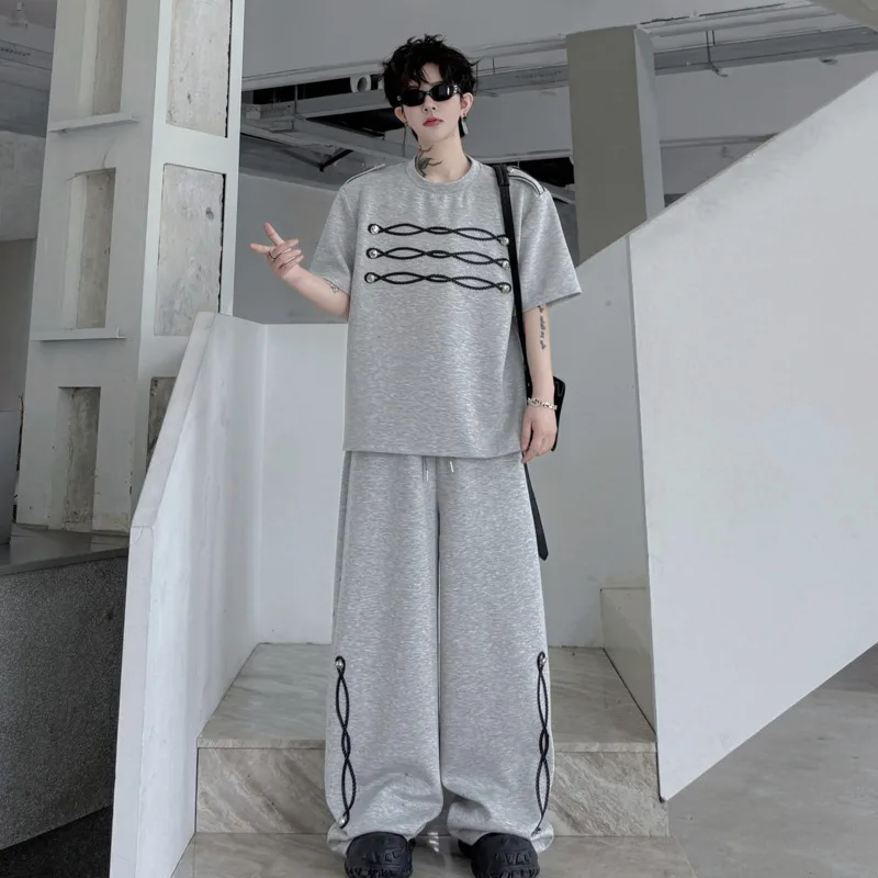 WVGA 2026 Summer New Men Shoulder Pads Ribbon Decoration Short Sleeved Tops Niche Casual Wide-Leg Pants Two-Piece Set Ins W24374 view 4