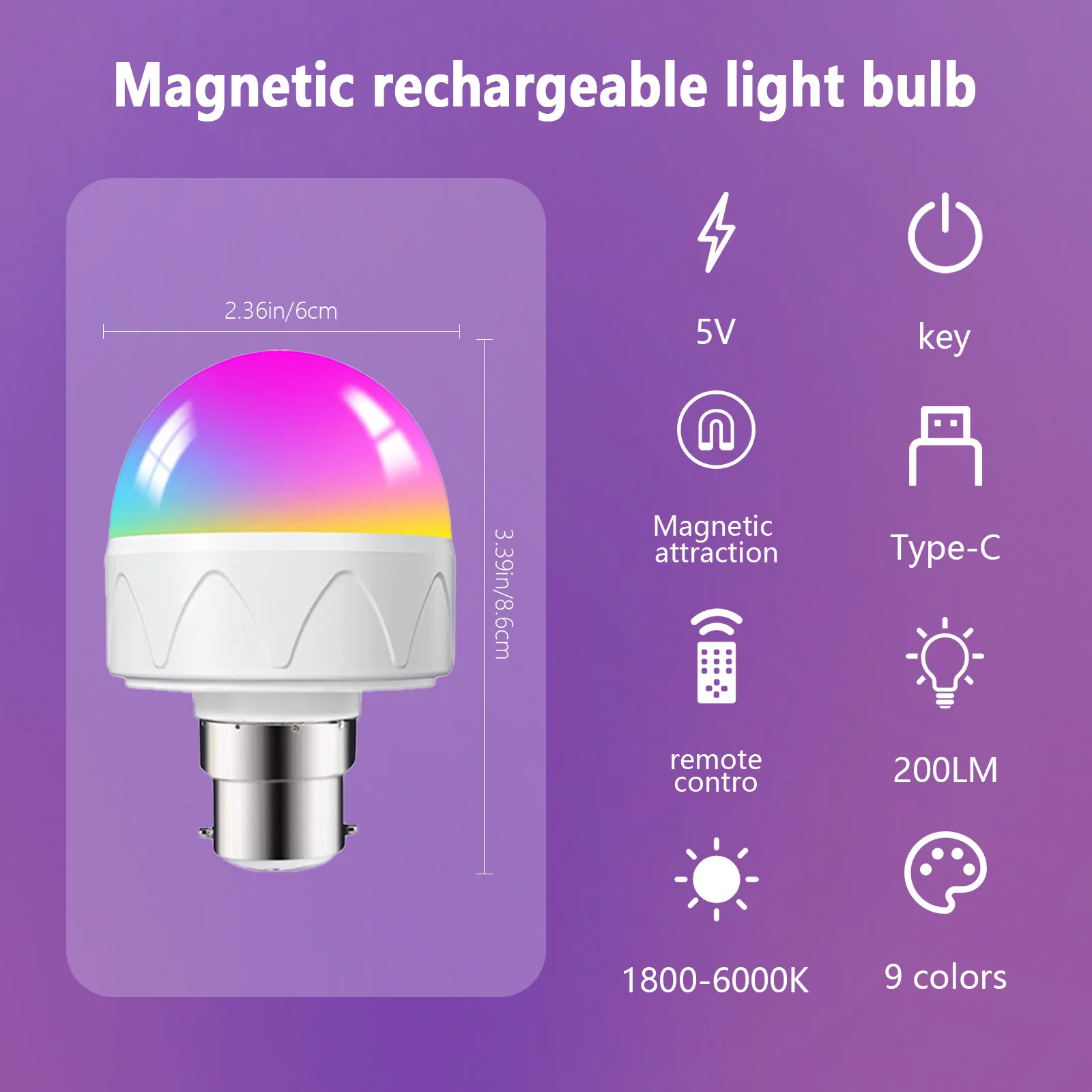 B22 Rechargeable LED Remote Control Magnetic Bulb, 13 Colors+Timing Mode, Used For Wall Lights, Non Hard Wired Design