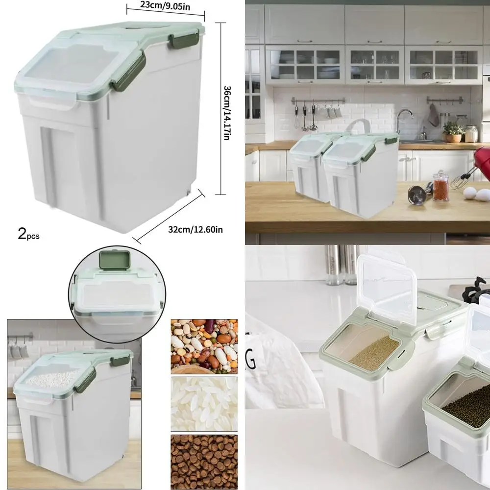 

Набор из 2 больших герметичных пластиковых контейнеров для хранения с колесами, запирающейся крышкой, мерным стаканом и ложкой для муки, риса, круп - вместимость 50 фунтов
