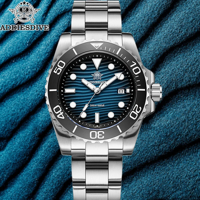 ADDIESDIVE 2115 Mens Quartz Luxury Dive Watch 200M Waterproof Stainless Steel Textured Desert Dial Screw Down Crown BGW9
