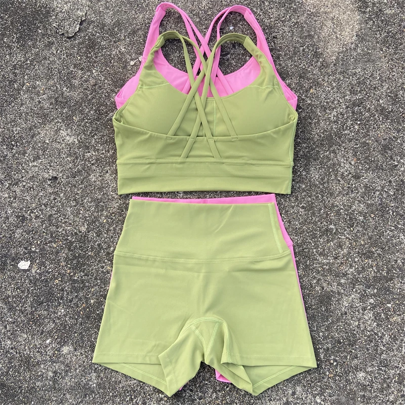 Yoga Shorts Set Gym Sports Set Women Workout Clothes 2 Piece Fitness Suit Cross Straps Bra High Waist Shorts Running Tracksuit