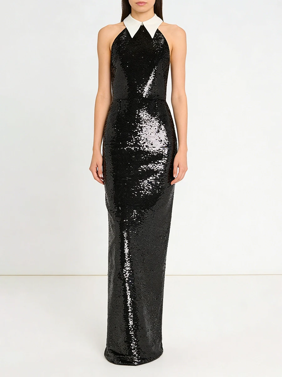 VGH Sexy Abnehmen Hit Pailletten Lange Kleider Für Frauen Revers Ärmellose Hohe Taille Herbst Temperament Abendkleid Weiblichen Stil