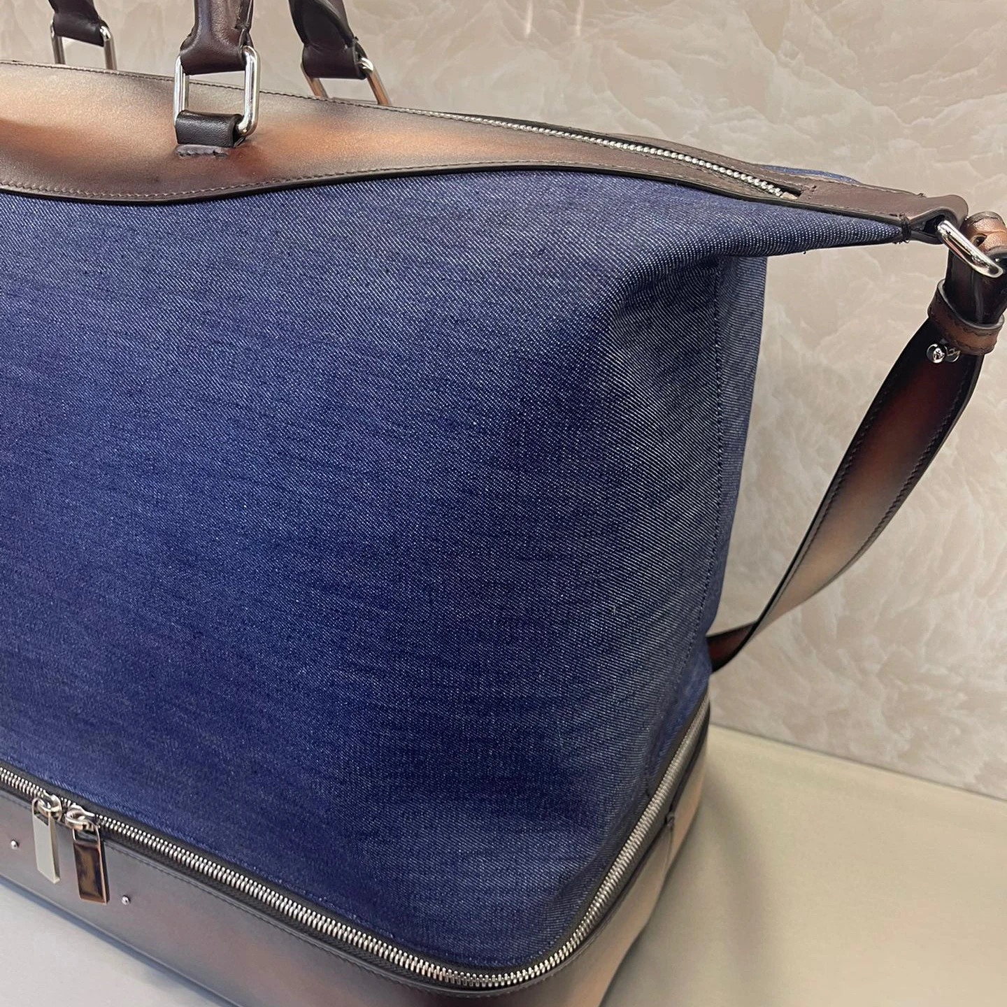 Seetoo Canvas Travel Bag With Calfskin Jacquard Inner Color Custom With Adjustable Leather Shoulder Strap 36*45*24cm