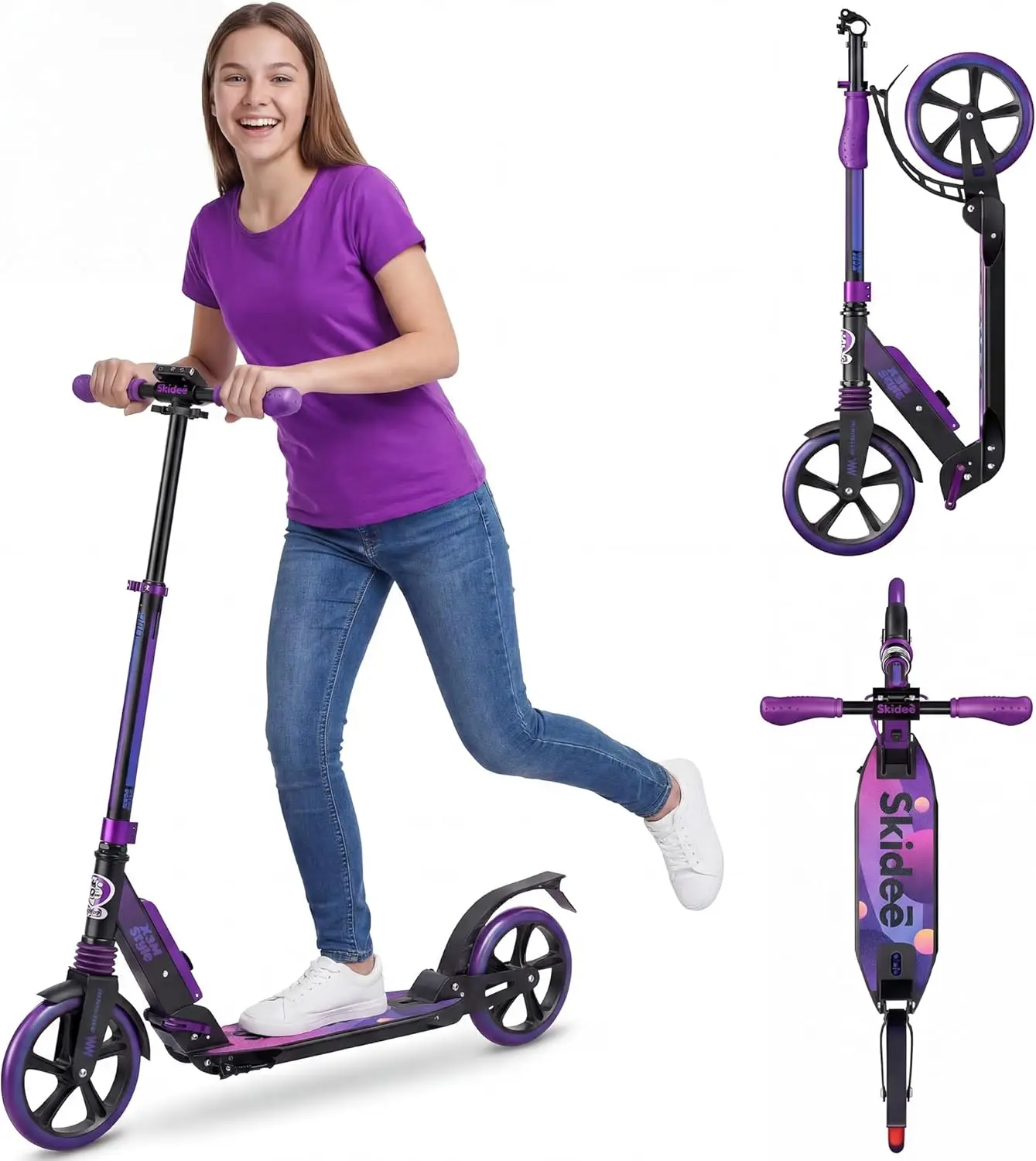 

Adjustable Height Folding Scooter, 9" & 8" Wheels, Dual Suspension, Lightweight Aluminum, 220 lbs Capacity