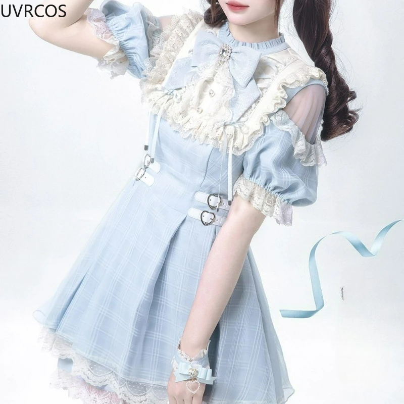 Japanese Sweet Lolita Bow Dress Shorts Set Women Kawaii Lace Ruffles Off Shoulder Plaid Shirts Dress Gothic Y2k Slim Party Dress