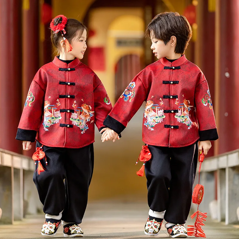 Winter Fleece Chinese Traditional Suit Tang Suit Hanfu Kids School Performance Uniform Birthday Gift Children New Year Clothes