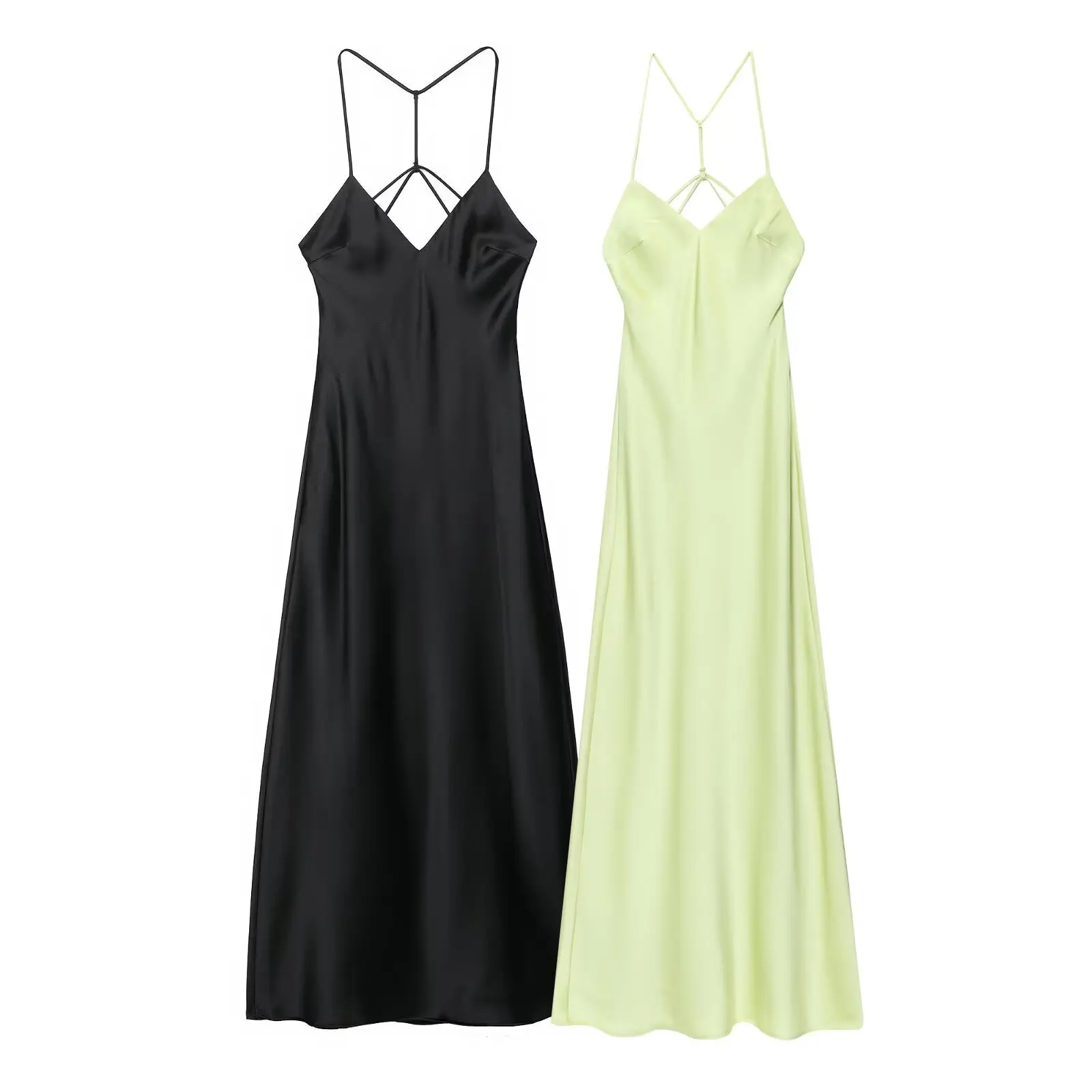 Ele soie Satin croix sangle Midi Neline Dr femmes été décontracté Svel v-ne robe l taille Polyester