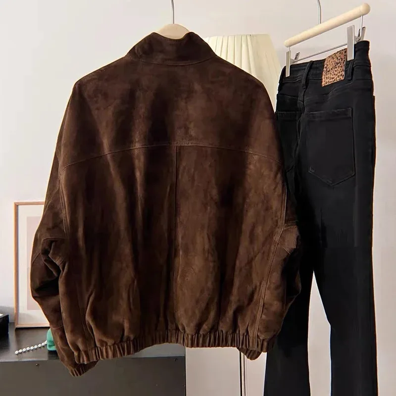 Giacca Bomber Retrò in Pelle Scamosciata e Pelle di Pecora da Donna 2026, Cappotto Corto Vintage con Colletto Rialzato e Vita Elasticizzata, Chic Veste Femme