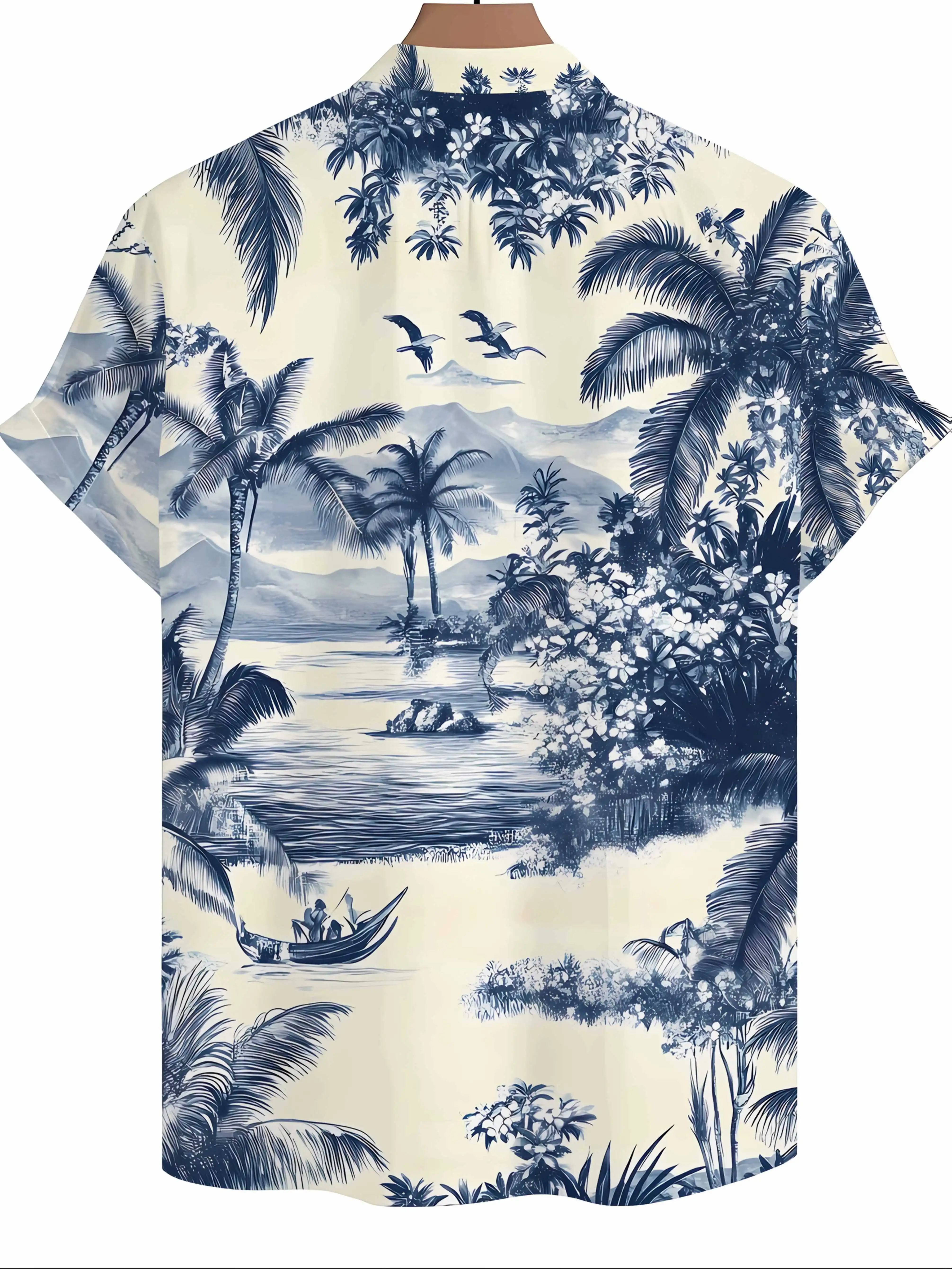 Men's Hawaiian Shirt Vintage Blue White Tropical Island Landscape Print Short Sleeve Button Down Aloha