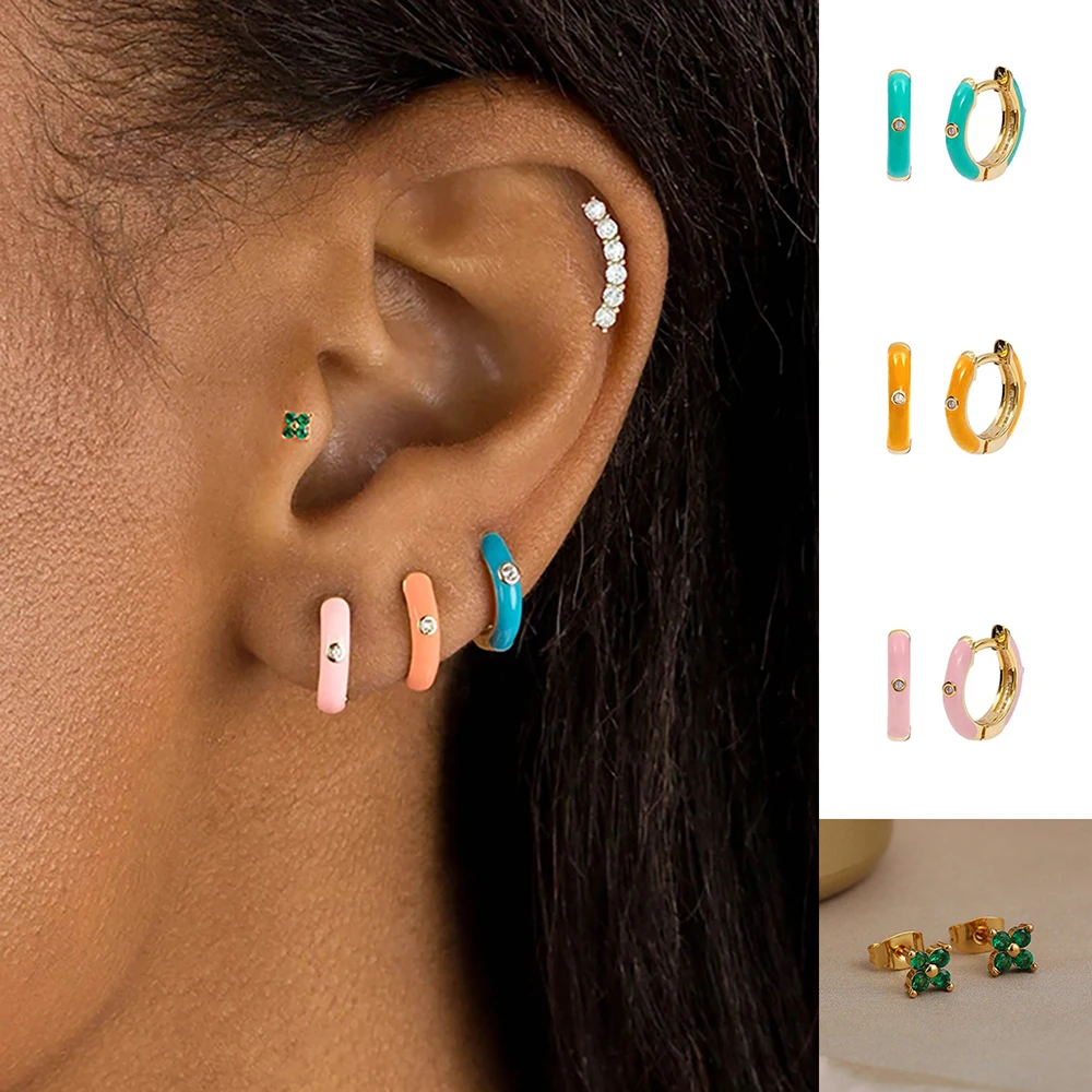Nowa stal nierdzewna Multicolor emalia Hoop kolczyki śliczne kryształ cyrkonu małe Huggie chrząstka Helix przekłucie Tragus biżuteria
