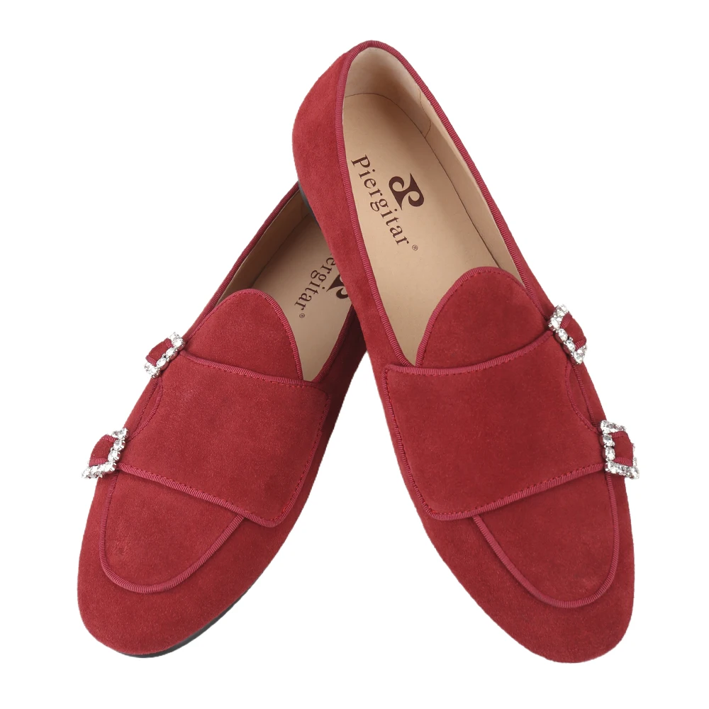 Piergitar Four Colors Faux Suede Double-Monk Shoes With Custom-Made Rhinestones Buckles Classic Model Slip-On Men's Loafers