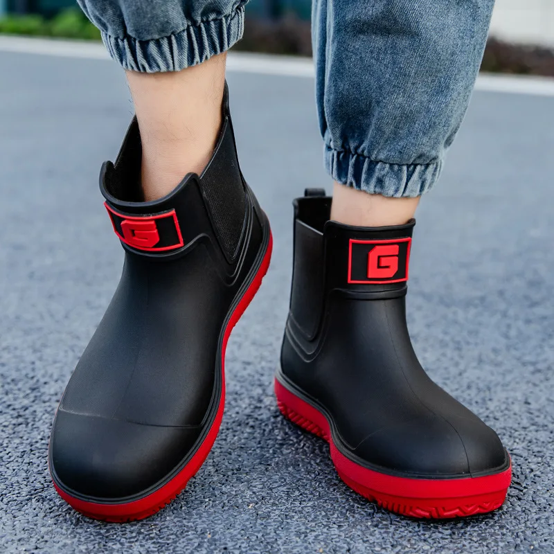 Men's Short-Tube Non-Slip Rain Boots Fashionable Low-Top Water Shoes, Pvc One-Time Molded Rain Boots, Pastoral Labor Waterproof