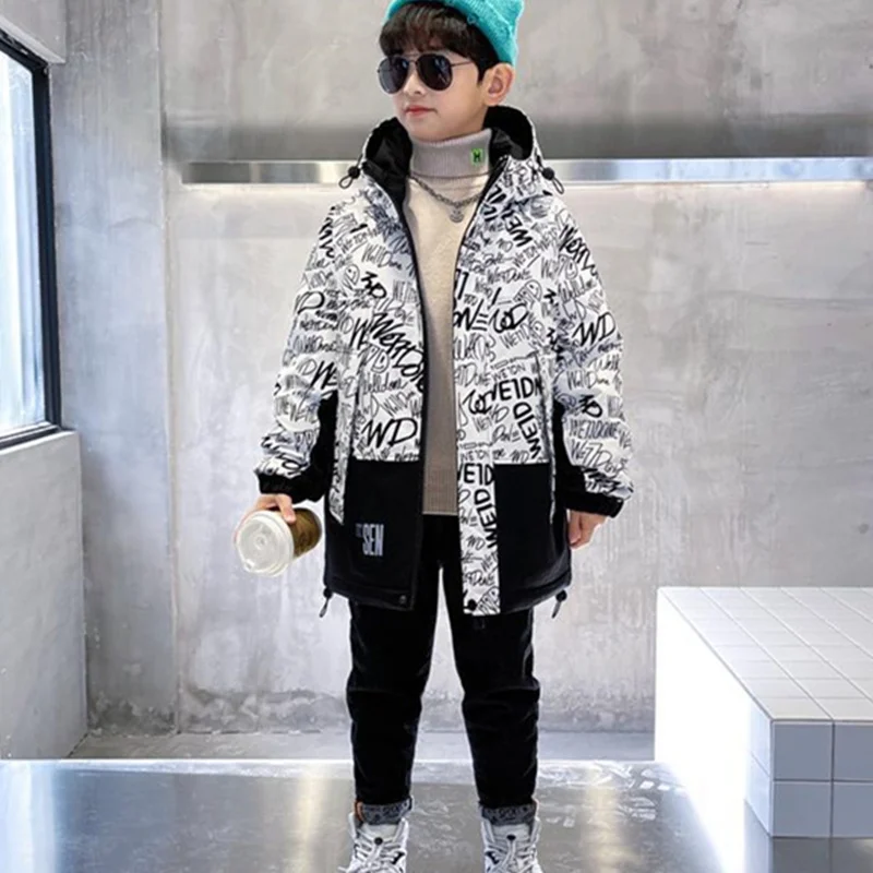 Boys Coat Jacket Overcoat Cotton 2022 Printed Warm Plus Velvet Thicken Winter  Christmas Children\'s Clothing