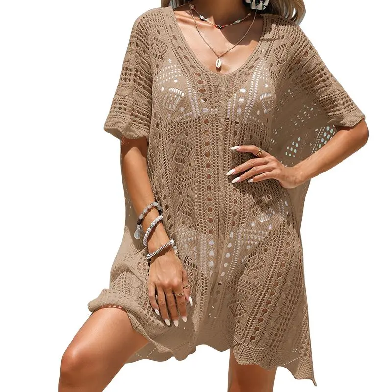 Women Cover-ups Sexy Knit Hollow Out V-neck Hooded Short Sleeve Beach Mini Dress