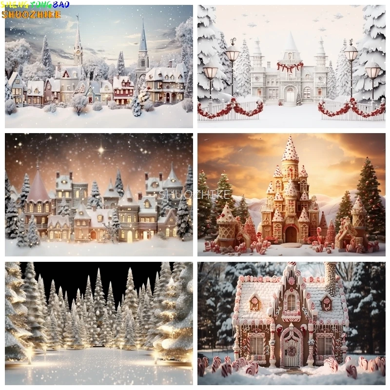 Winter Schloss Fotografie Hintergrund Weihnachten Süßigkeiten Lebkuchen Haus Wald Schnee Hintergrund Baby Familie Party Decor Liefert