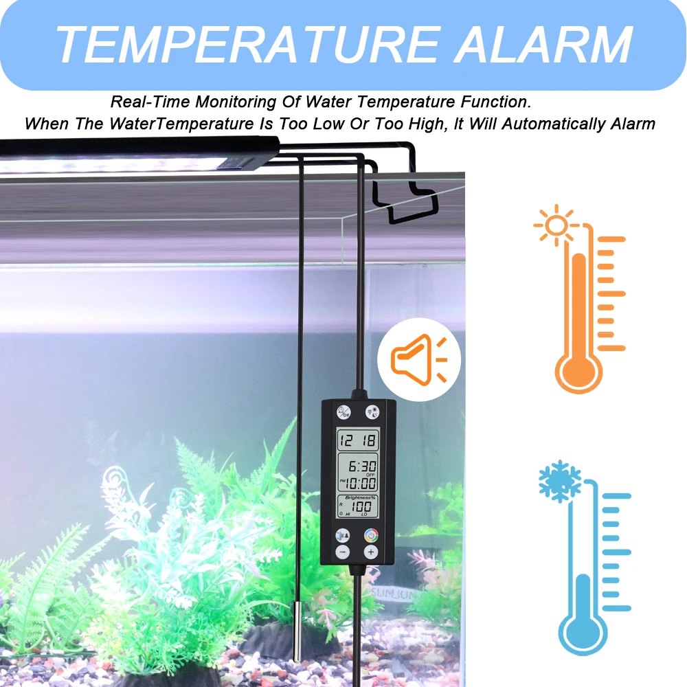 Luz LED de iluminación de espectro completo para acuario, 30-60cm, 24/7, con termómetro y función de memoria, lámpara para plantas y peceras, IP68,