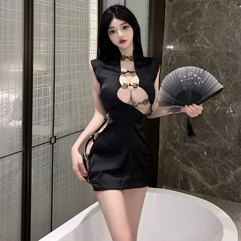 Sexy Lingerie 2024 Summer Release Neo-chinese Style Lmproved Version of Cheongsam Hollow Design Low Cut and Breast Exposed