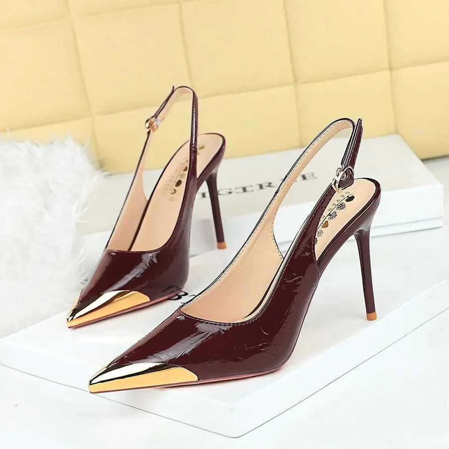 

New Women 9.5 Cm Heels Metal Pointed Tip Women Pumps Hollow Out Hook Strap High Heeled Sandals Women Summer Shoes Plus Size 43