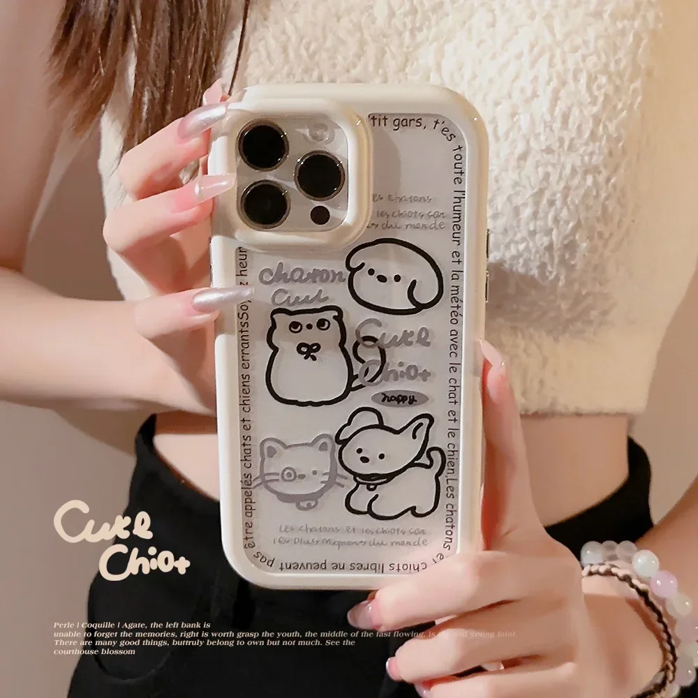 Retro Graffiti puppy cat cartoon dog transparent Phone case For iPhone 16 15 14 13 12 Pro Max Xr 15 Plus Case Cute luxury Cover