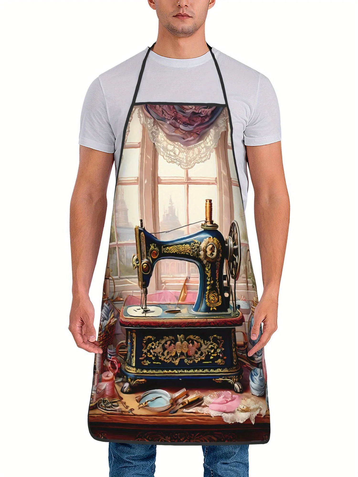 Vintage Sewing Machine Art Printed Apron for Men and Women Retro Craft Style Kitchen Cooking Apron