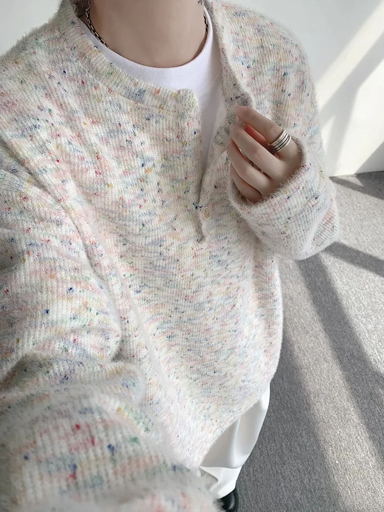 

Повседневный вязаный открытый кардиган с v-образным вырезом и воротником Генри, мужской осенний американский ленивый повседневный свободный топ для пар