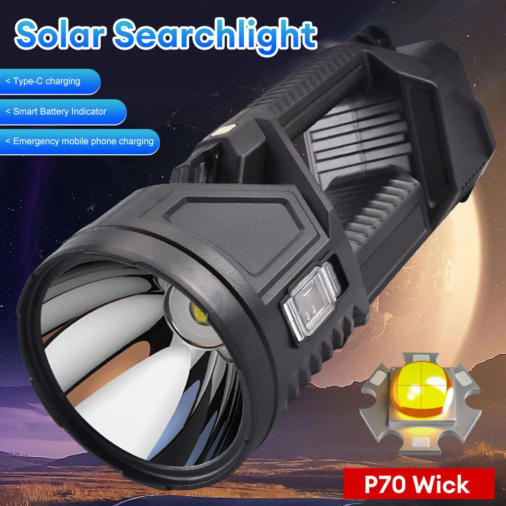 XHP70 Solar LED Searchlight Outdoor Multifunction Work Light Powerful LED Flashlight Long Range USB Rechargeable Camping Lantern