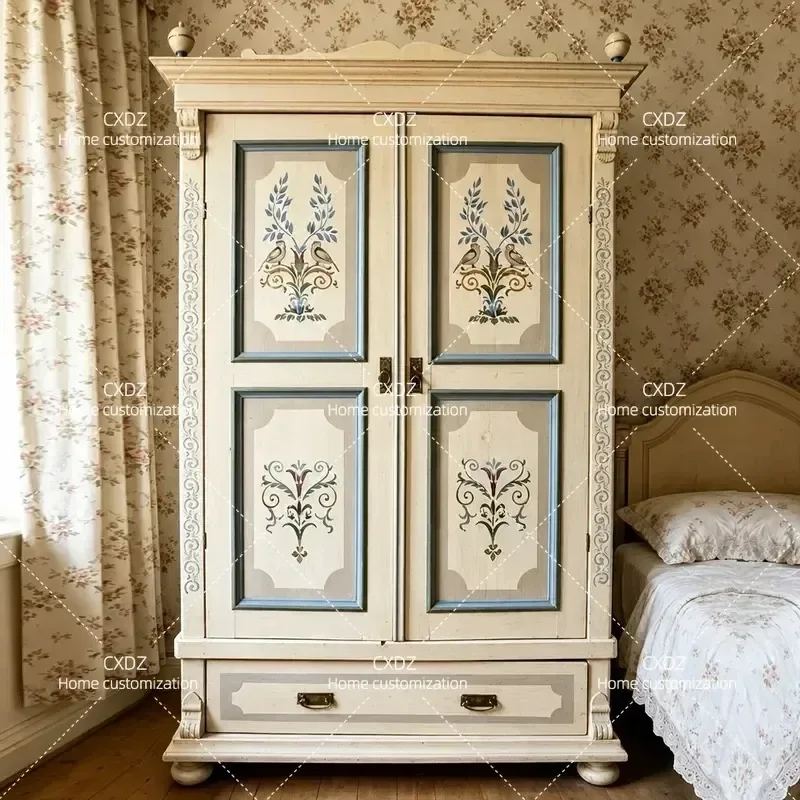 French Retro Solid Wood Painted Wardrobe Antique Edge Cabinet Master Bedroom Locker Hand Painted Decorative Storage Furniture