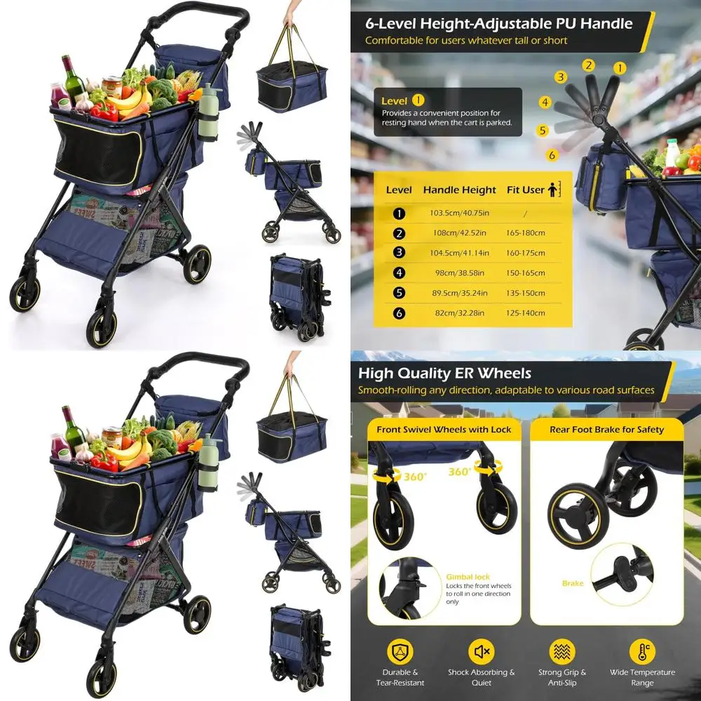 

Folding 70 lbs Capacity Groceries Cart with Adjustable Handle, 360° Swivel Wheels, 2-Tier, Navy Blue