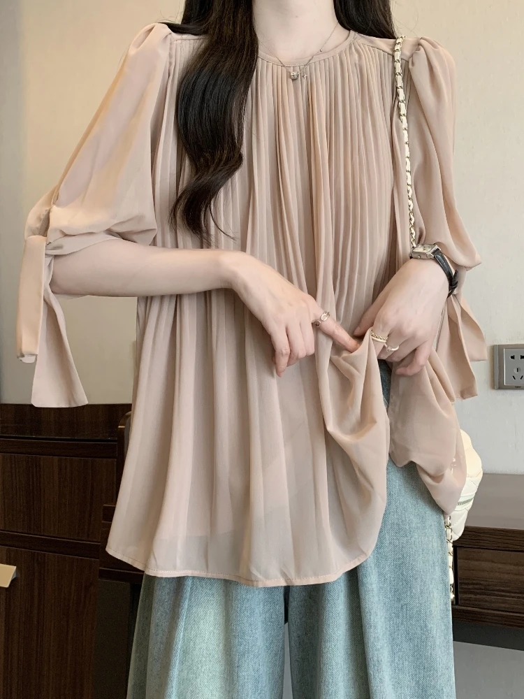 Slimming Pleated Short Sleeve Chiffon Shirt Women's Summer Fashion plus Size Conceals Belly Button Design Korean Style Top