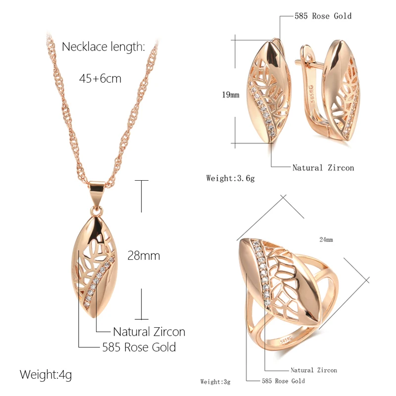 Conjuntos de joyas de boda para mujer, joyería étnica de oro rosa 2022 con circón Natural, collar, pendientes, anillo de lujo, 585